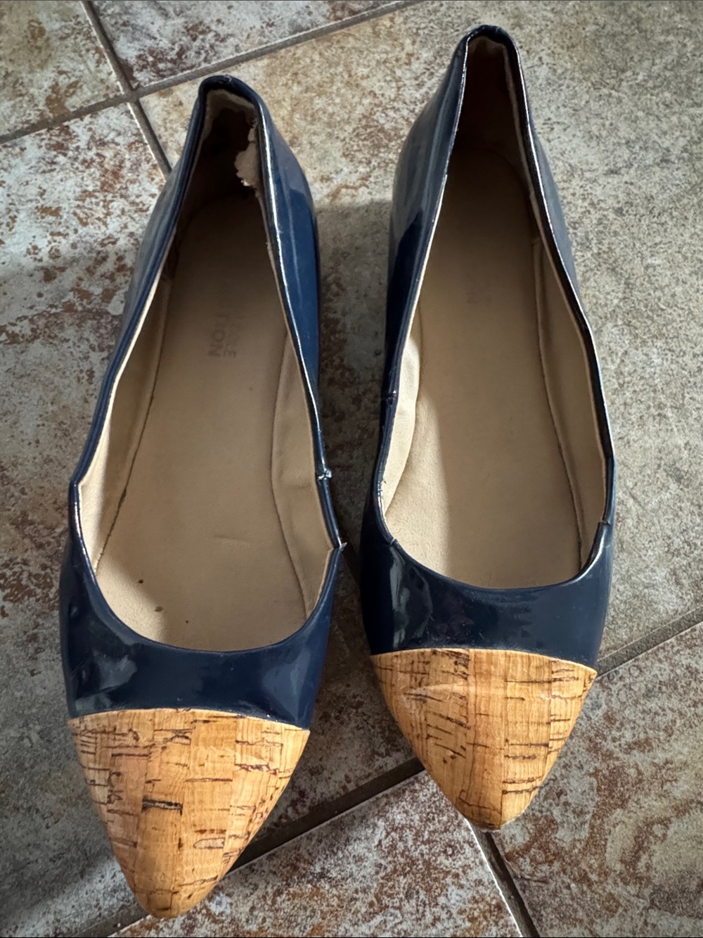 Kenneth Cole Reaction Navy Patent Pointed Toe Flats with Cork Cap